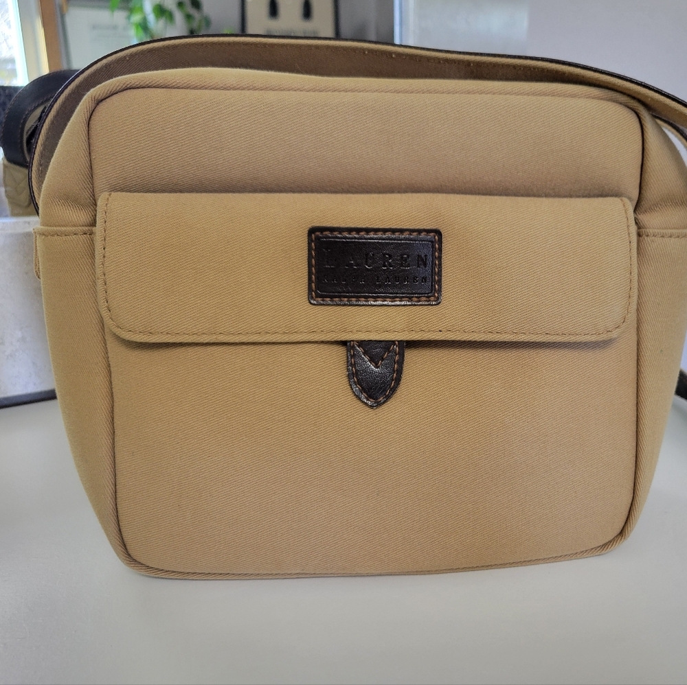 Lauren Ralph Lauren Vintage Canvas Camera Bag w/ Brown Leather Trim